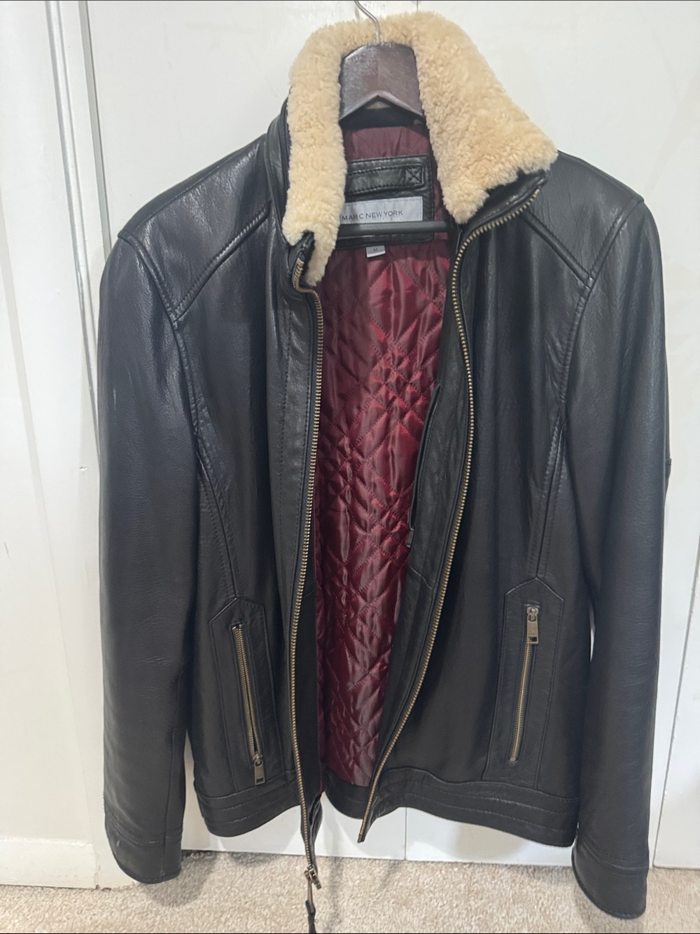 Marc New York Black Leather Bomber with Cream Shearling Collar